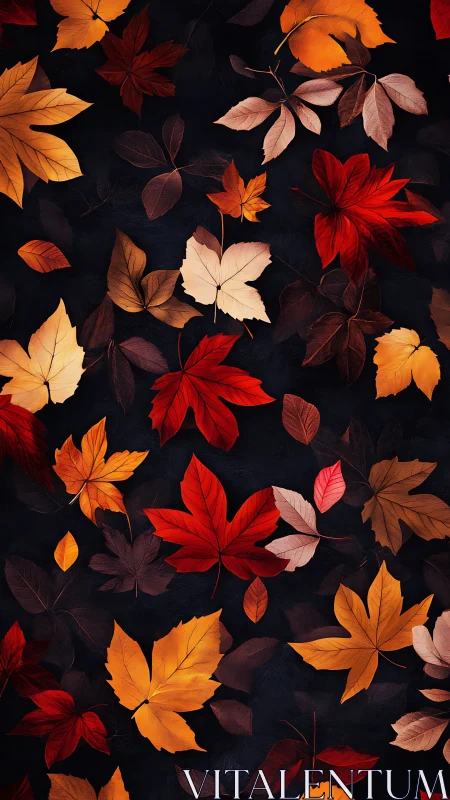 Falling autumn leaves scattered on deep charcoal backdrop.