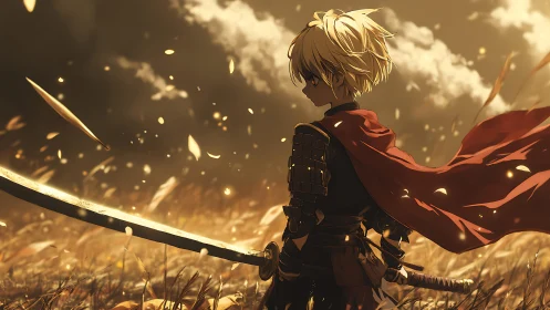Young blonde swordsman stands in a storm of swirling embers.