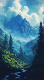 Mystic alpine valley unfolds beneath towering blue peaks.