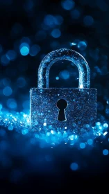 Metal padlock with glitter surface on blue bokeh background.