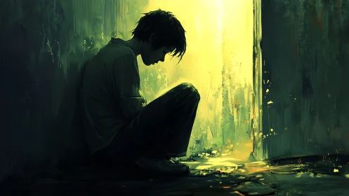 Silhouetted figure sits against wall beside bright doorway