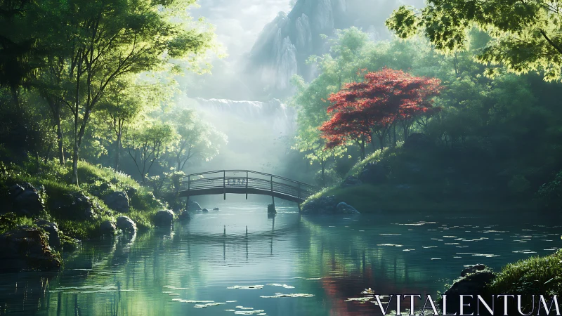 Curved footbridge spans reflective pond beneath distant waterfall