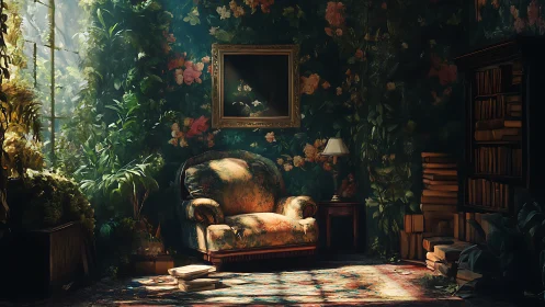 Cozy reading nook wrapped in lush flowers and soft light.