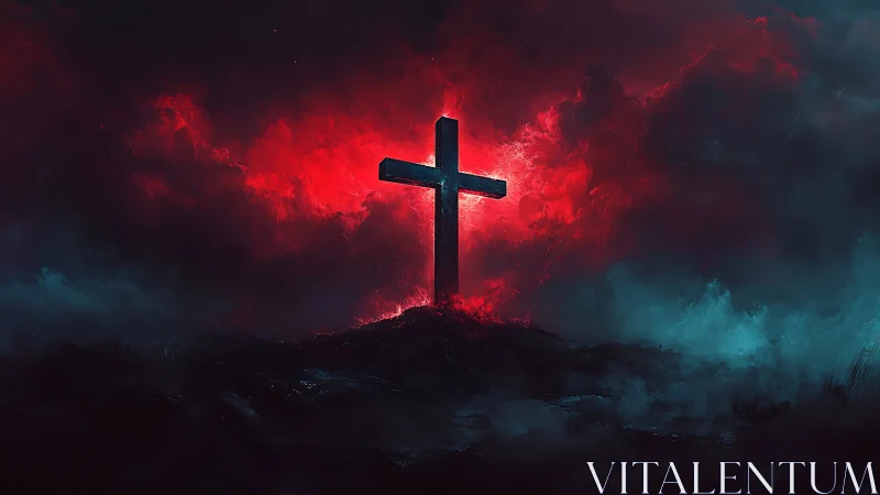 Cross silhouette against red and blue storm cloud backdrop.