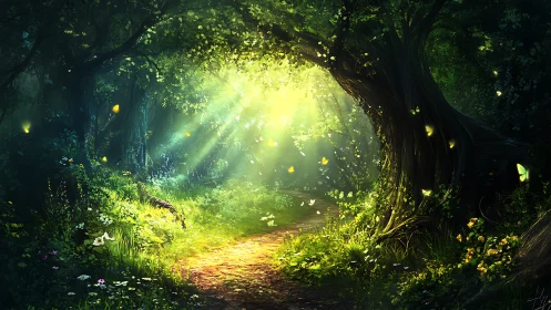 Enchanted Forest Tunnel with Luminescent Canopy and Golden Pathway.