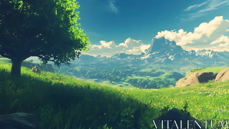 Grassy hillside overlooks distant stylized mountain range under sky