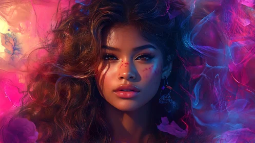 Radiant portrait merges neon light and ethereal floral haze