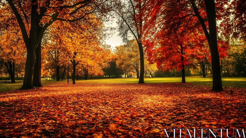 Autumn trees line a park lawn under dense fallen foliage carpet