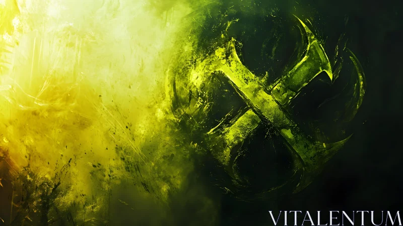 Abstract glowing double axe emblem in green and yellow digital art.