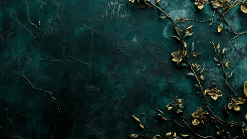 Dark teal textured wall shows raised gold floral ornament