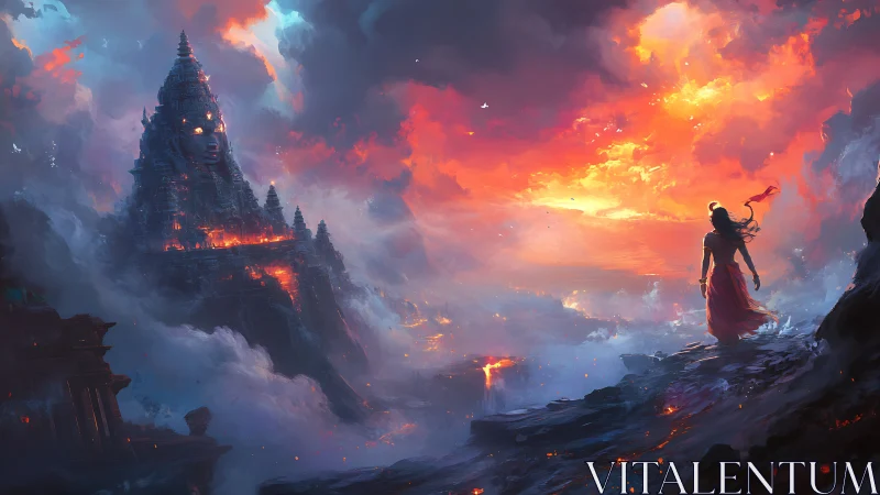 Stormlit temple titan and lone ember-cloaked wanderer.