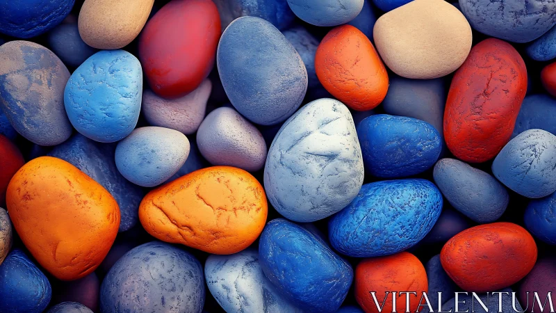 Digital painting of chromatic river stones in tight surface grid.