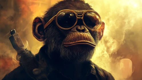 Cool primate hero gazes ahead in smoky golden light