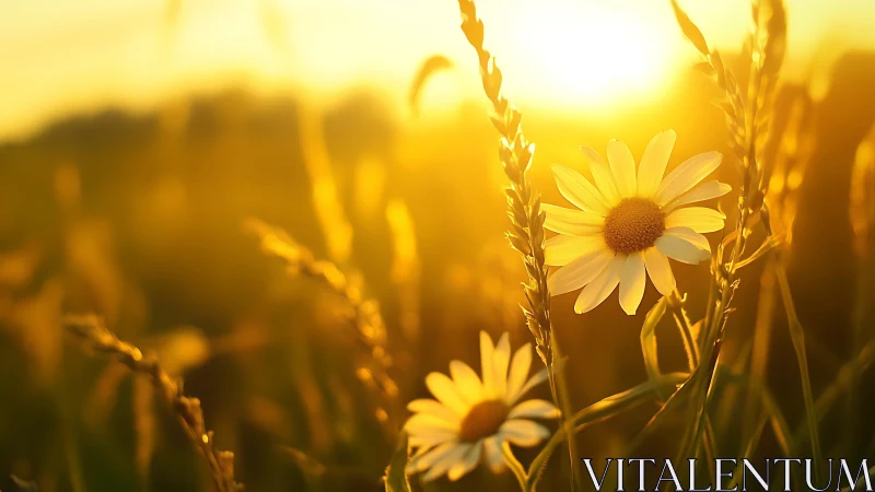 Daisy flowers and grain stalks backlit by low evening sun