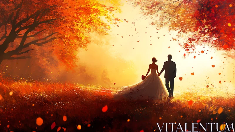 Newlywed couple walks through glowing autumn meadow at dusk