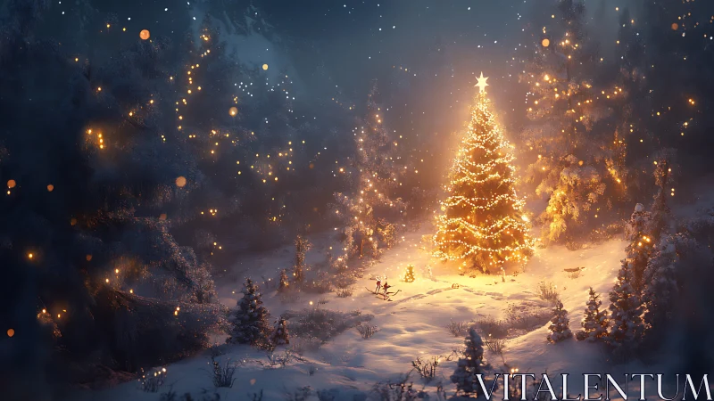 Illuminated outdoor Christmas tree in snowy forest clearing.