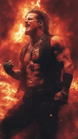 Fiery rock singer roars with power amid blazing flames.