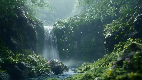 Dense forest gorge with central waterfall and misted pool.