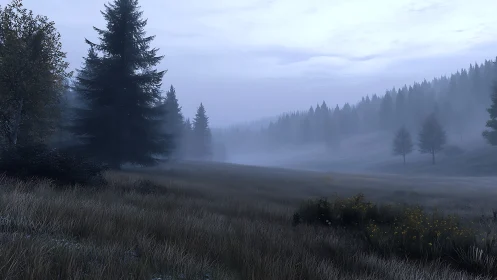 Mist covers a conifer forest bordering an open grassy field