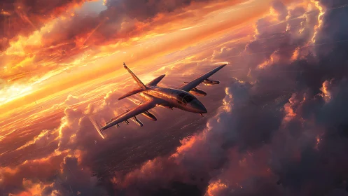 Jet aircraft climbs through dense clouds at dramatic sunset