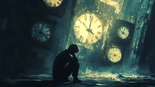 Clocks lean over a lone thinker drowning in slow green time