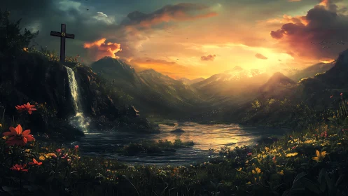 Golden sunset bathes a tranquil mountain valley and lake