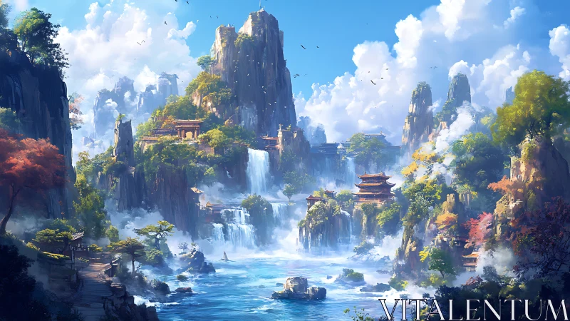 Sky-drunk waterfalls crown a misty mountain temple realm.