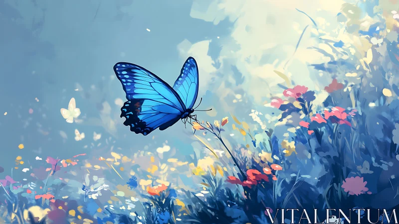 Bright blue butterfly drifting over a dreamy wildflower meadow.