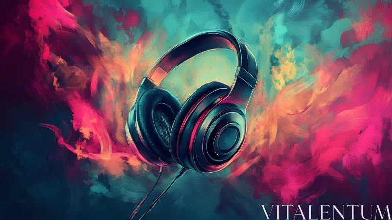 Headphones drift through neon smoke in a painted soundstorm.