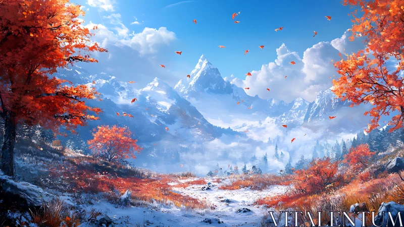 Crimson autumn valley meets fresh snow beneath alpine peaks.
