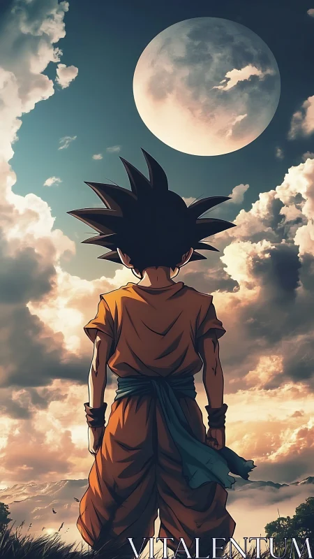 Boy in orange gi stands under large moon above clouds