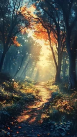 Golden Forest Path Bathed in Magical Autumn Sunlight