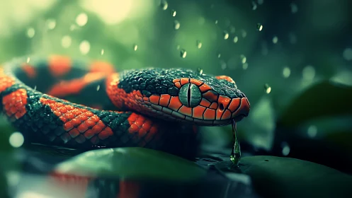 Macro study of bioluminescent viper under rainforest rainfall