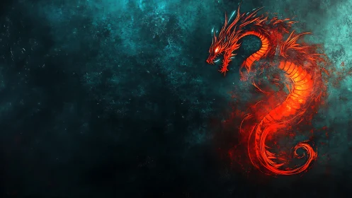 Fiery red dragon silhouette on dark textured blue field.