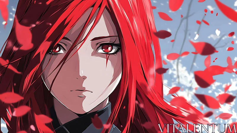 Anime portrait with red-haired heroine and kinetic petals.
