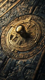 Bronze circular lock on ornate engraved metal door.