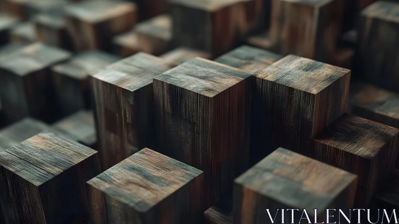 Weathered wooden cubes forming dense abstract gridscape.