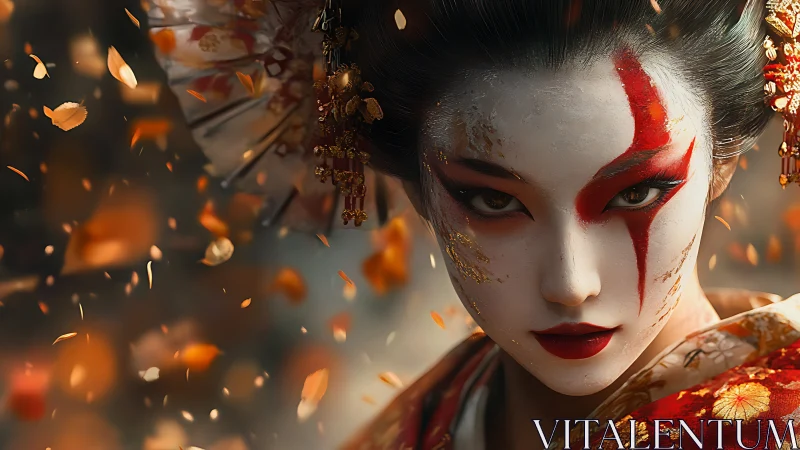 Cinematic geisha portrait with red warpaint and falling petals