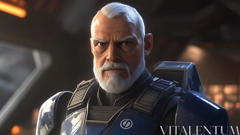 Veteran starship commander portrait in armored exosuit