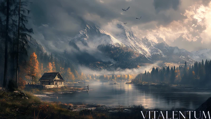 Lakeside cabin below dramatic snowy mountain range.