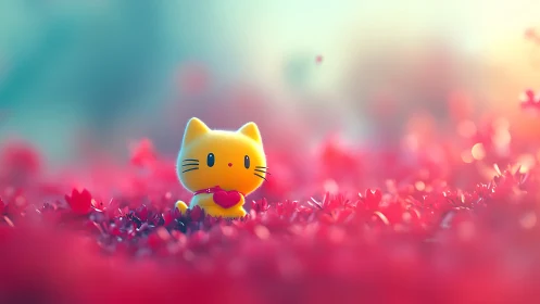Golden Cat with Heart Among Pink Flower Field.