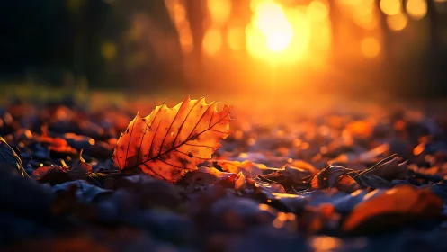 Single dry leaf rests on forest floor in low-angle sunlight