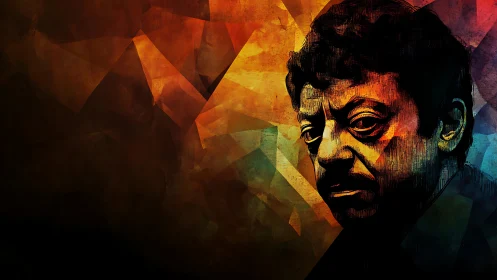 Moody portrait glowing within fractured sunset color fields.