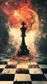 Chess king silhouette before burning abstract sphere.