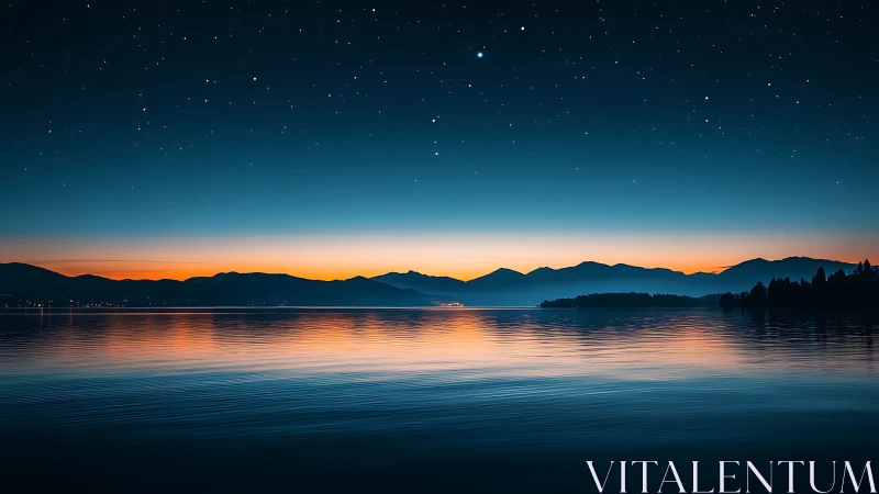 Soft twilight settles over calm lake waters and quiet hills