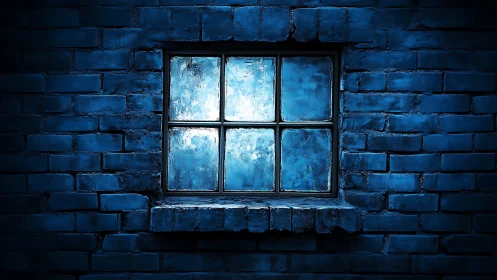 Blue brick wall with single lit frosted window at night