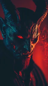 Horned demon portrait under red cyan split lighting.
