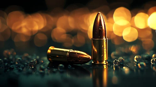 Gilded bullets bask under bokeh lights of dangerous glamour.