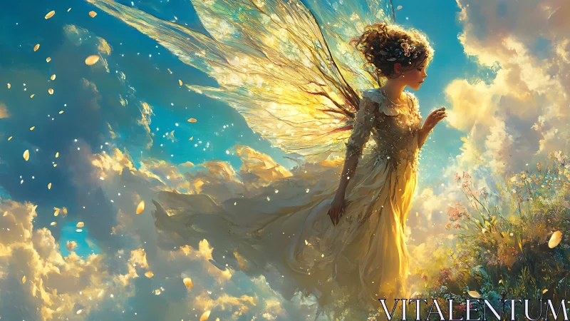 Winged female figure moves laterally across clouded sky