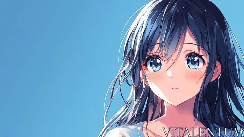 Soft blue morning sky cradles a thoughtful anime girl